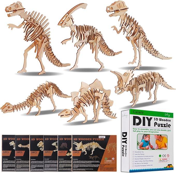 calary 3D Wooden Puzzle Simulation Animal Dinosaur Assembly DIY Model Toy for Kids and Adults,Set of 6