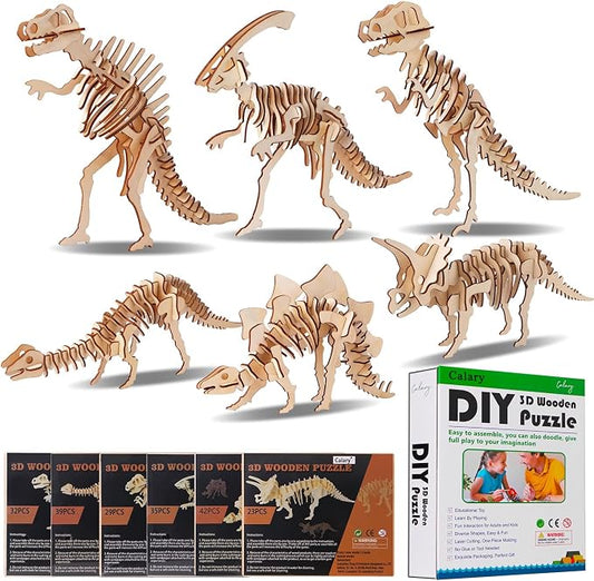 calary 3D Wooden Puzzle Simulation Animal Dinosaur Assembly DIY Model Toy for Kids and Adults,Set of 6