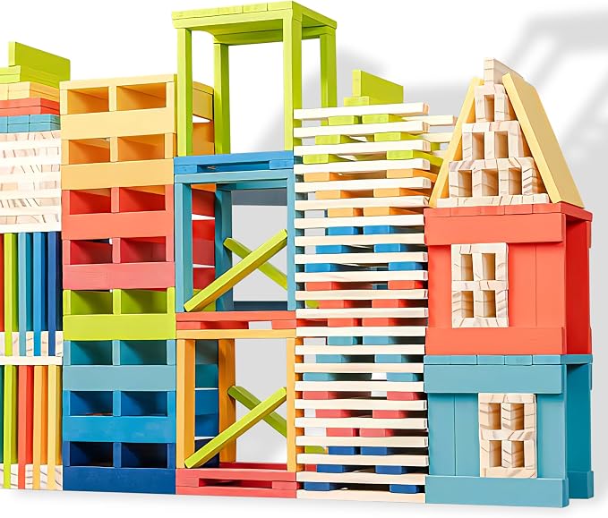 Premium 300 Pcs Rainbow Wooden Building Planks Kit, Open-Ended Creative Building Blocks Set for Kids Ages 3-12,Colorful Pine STEM Construction Toys - Educational Sorting & Patterning Gift (4.65 in)
