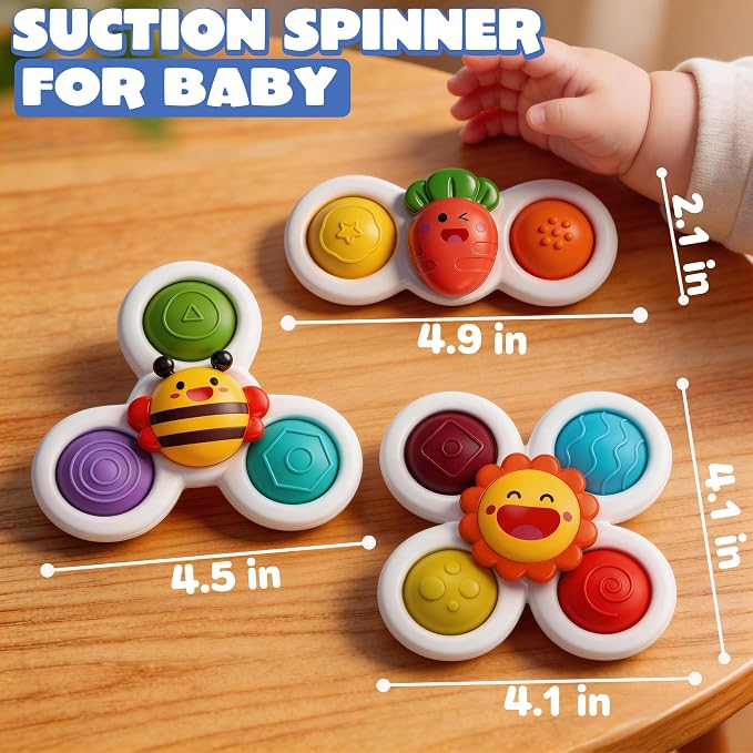 3PC Suction Spinner Toys for Babies 12 Months, Bath & Window Suction Toys, Airplane Travel Activities, Montessori Sensory Fidget Toys, Easter Basket Stuffers Gifts for 1 Year Old Boys Girls