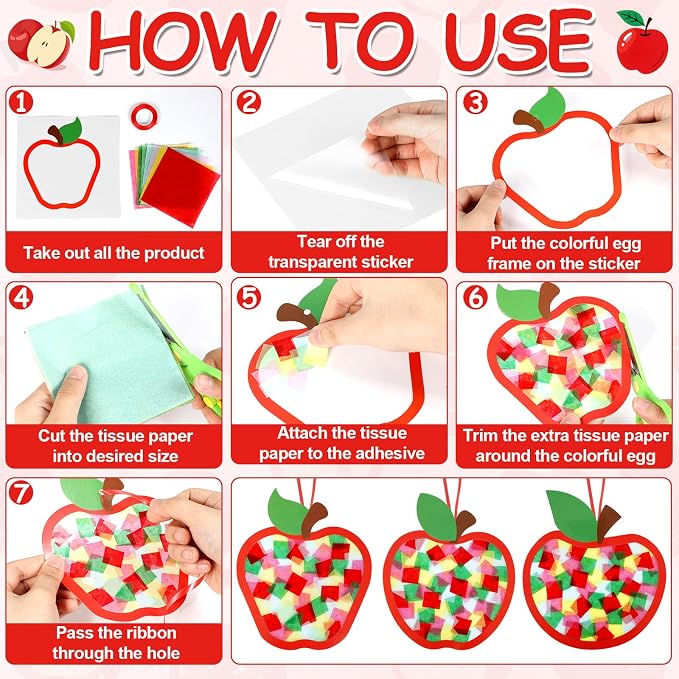 Qyeahkj 36 Set Fall Apple Suncatchers Crafts for DIY Autumn Apple Window Tissue Paper Craft Kit Hanging Decor for Back to Home Activity Art Project Birthday Party Favor Gift