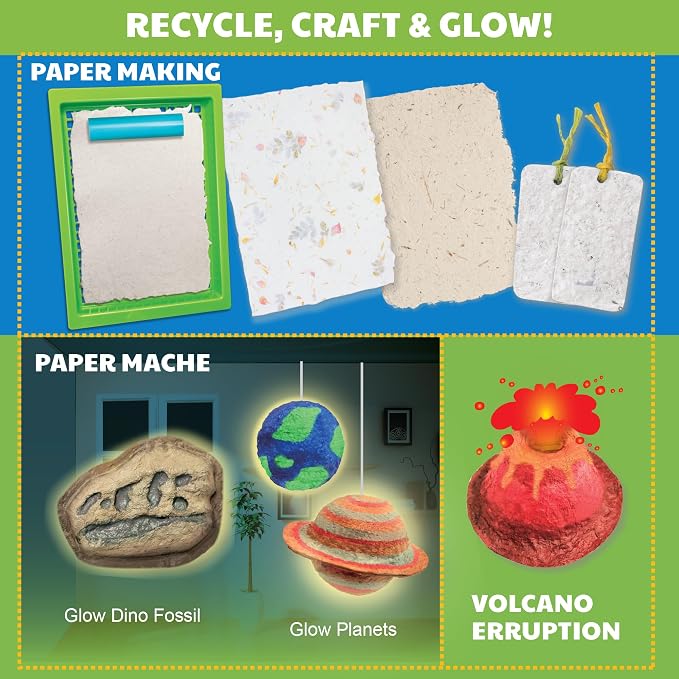 4M Green Science Paper Making Kit for Kids Ages 5-12 – Recycled Paper Craft STEM Set with Moulds, Glow-in-the-Dark Paint, Dinosaur & Planet Molds, Red Dot Award Winner, Eco-Friendly DIY Gift