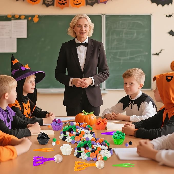 EZdhuawuse Halloween Sensory Bin Fillers - 269P Halloween Fine Motor Toys Sorting Stacking Toys for Kids, Glitter Felt Pumpkin Black Cat Hat Pom Poms for Preschool Education Early Development Activity