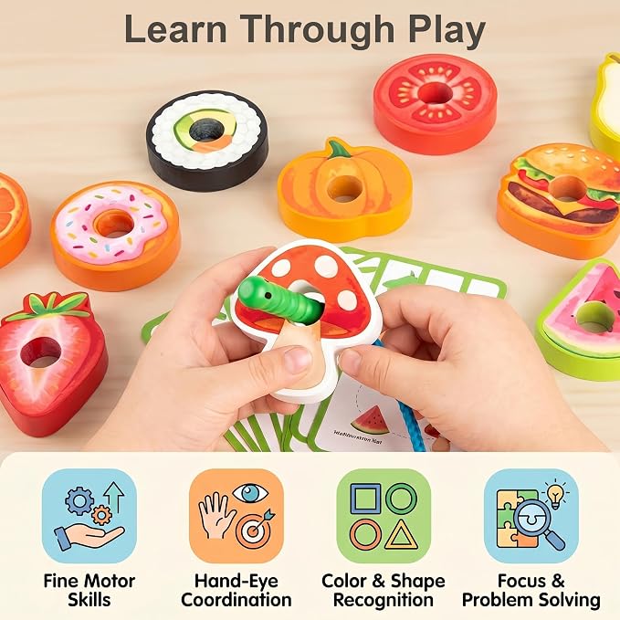 Wooden Caterpillar Lacing Toy, Fine Motor Skills Preschool Gift | 10 Fruit and Vegetable Threading Beads with 10 Double-Sided Pattern Cards, Montessori Toy for Toddlers