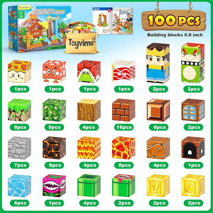 100PCS Magnetic Blocks Magnetic Building Blocks Sensory Toys for Kids Ages 3-5 6-8 8-12 Kids Game Toys for 3+ Year Old Boys & Girls, Mine Magnet World Craft 3 4 5 6 7 8 9 Year Old Boy Birthday Gift