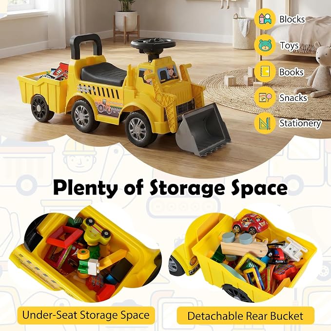HONEY JOY Ride On Tractor with Trailer, Kids Excavator Bulldozer with Shovel, Seat Storage, Engine Sound, Music, Manual Control Bucket, Ride On Construction Vehicle for Toddlers Boys Girls, Yellow