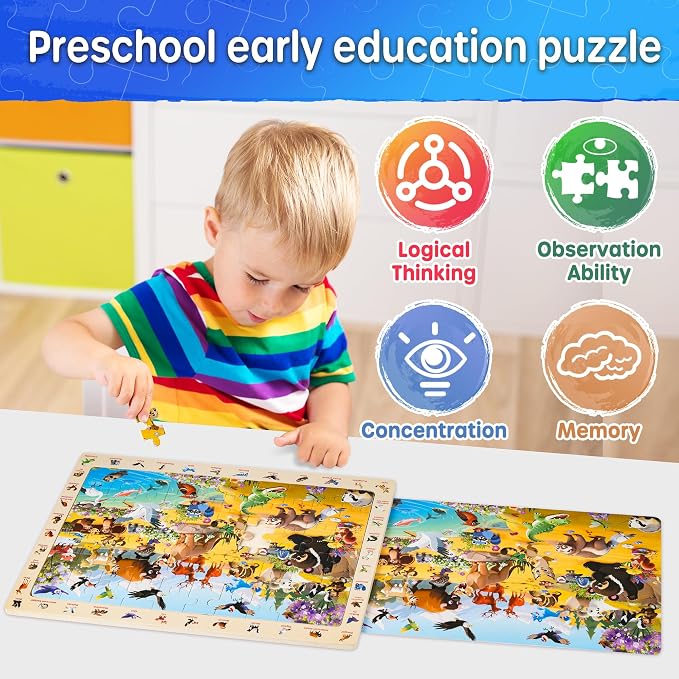 SYNARRY Wooden Dinosaur Farm Ocean Animal Puzzles for Kids Ages 4-6, 4 x 60 Piece Match & Find Puzzles for Kids Ages 3-5 Boys Girls, Preschool Educational Puzzle Toddlers Easter Gifts for 4-8 Year Old