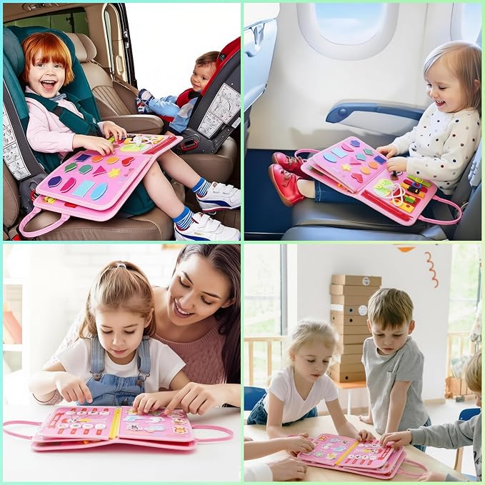 Busy Board for Toddlers，Montessori Busy Board with Sensory Activities, Fine Motor Skills Learning Toy, Travel Activity Book for Airplane and Car, Educational Gift for Boys and Girls