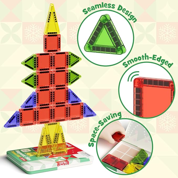 Magnetic Tiles Travel Storage Mini STEM Blocks Festive Box 26PCS 3+ | STEM magnetic building tiles with festive travel box. Great for road trips, airplanes, Montessori play & on-the-go fun