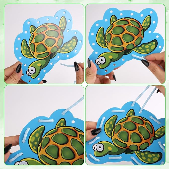 NQEUEPN 12pcs Lacing Cards for Kids, Double Sided Sea Animals Sewing Cards with 12 Colorful Laces Thickened Play and Learn Lacing Cards for Children Toddlers Developing Imagination Education Supplies