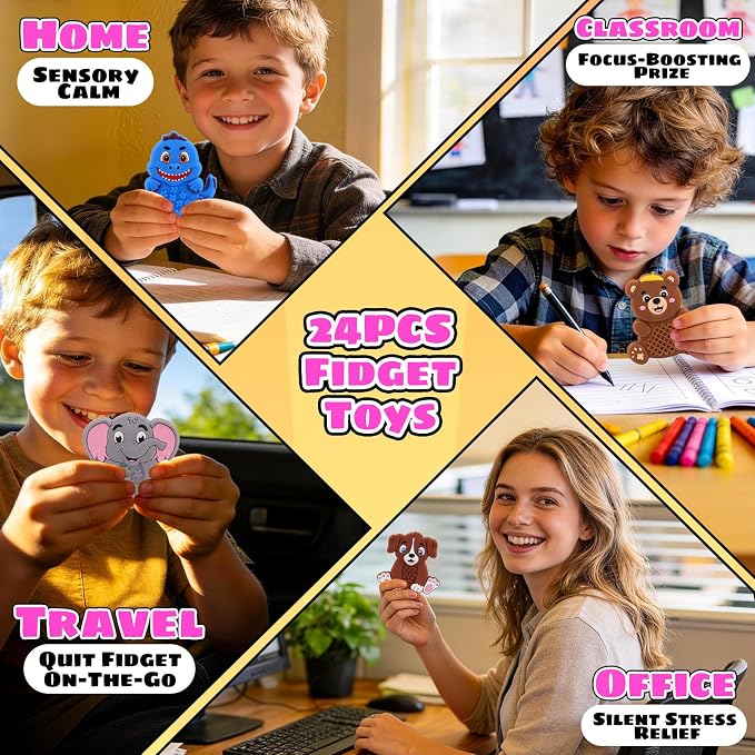 Silicone Sensory Fidget Toys for Kids Toddlers, 24 Pack Animal Texture Stress Relief Toys for Kids Autism Calming, Special Needs for Autism ADHD, Quiet Fidgets for Kids Classroom, Toddlers Travel Toys