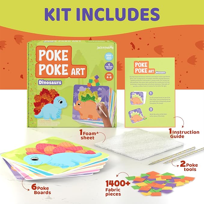 jackinthebox Poke Art Dinosaurs Crafts Kit for Kids, Boys & Girls, Ages 4-8 | 1400 fabric pieces, punch dot activities, learning ideas, travel toys, birthday gifts, age 4 5 6 7 8 yr old, flower pressing
