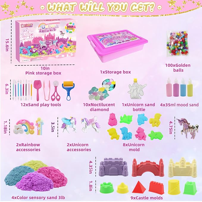 Unicorn Sensory Bin Sand Kit - 155 Pcs with 2.2lbs Sand, 9 Castle & 8 Unicorn Molds, 12 Tools, Tactile Sensory Fillers for Girls Age 4-9 Gifts