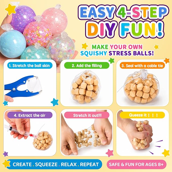 RYOXZEL DIY Stress Ball Making Kit, 12pcs Squishy TPR Ball Skins with 1lb Fillers, Make Your Own Squishies Set, Air Pump & Expander Tool Ties, Fidget Sensory Craft Kit for Stress Relief