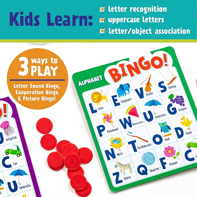 Peaceable Kingdom Alphabet Bingo! Letter Learning Educational Board Game for 2 to 6 Kids Ages 4+ | Teach letters and sounds with a bingo twist—6 boards, 26 letter tokens and 72 chips. Educational fun for ages 4+
