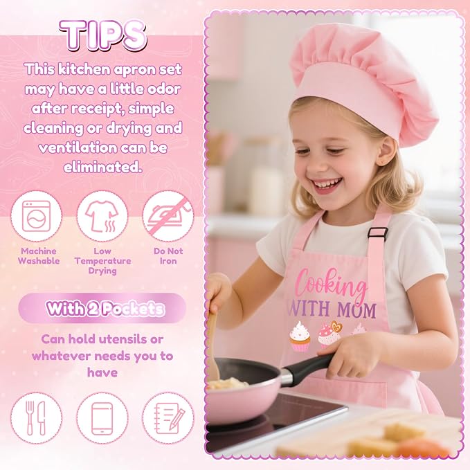 R HORSE Kid Apron and Chef Hat Set 2Pcs Adjustable Pink with Mom Cooking Children Kitchen Apron, Dress up Role Play Chef Toy Funny Cooking Baking Painting and Training Kit for Kids Birthday Party Gift