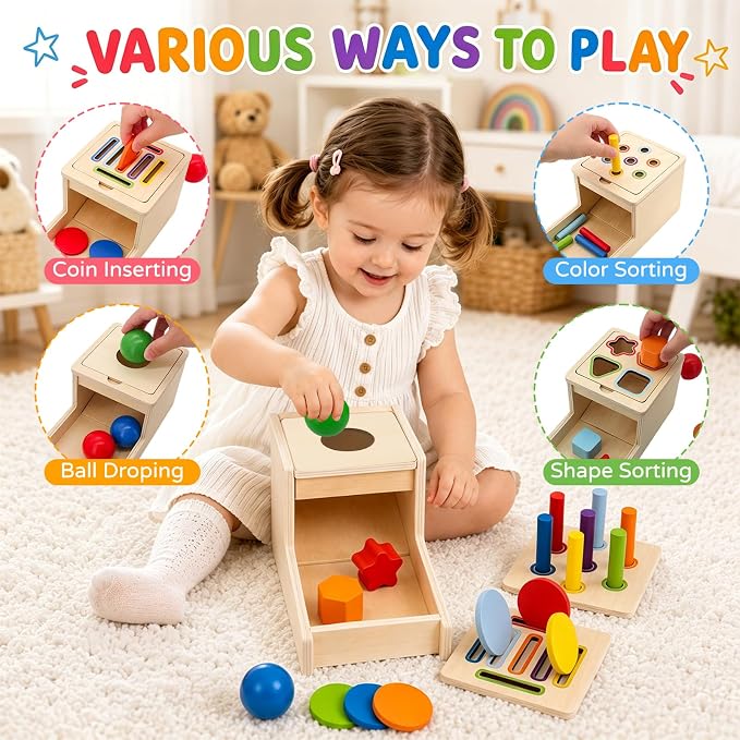 Montessori Toys for 1 Year Old, 4 in 1 Object Permanence Toys for Babies | Ball Drop Coin Box, Fine Motor Skills Color & Shape Sorting Toys for Toddlers, Sensory Toys for 6 12 18 Months Old