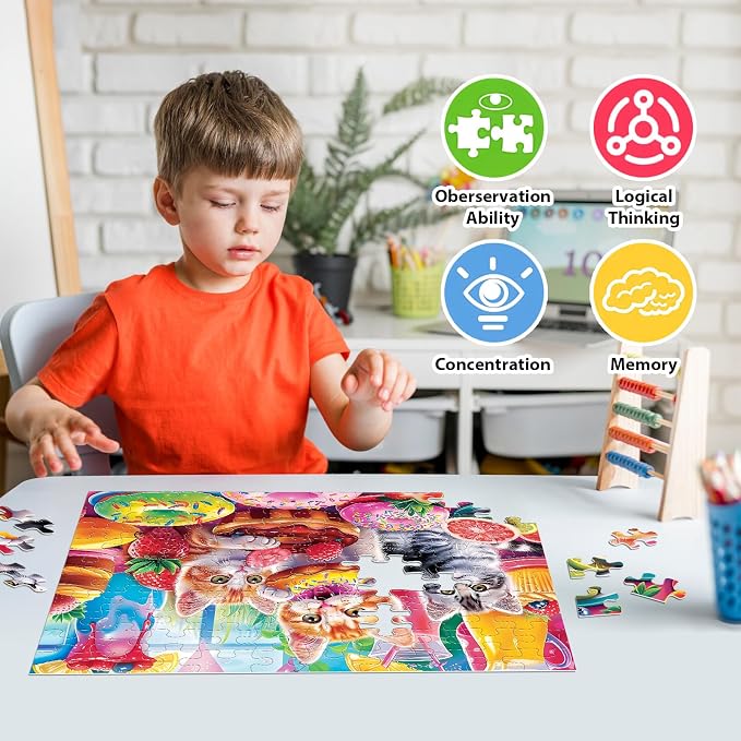 Jeacirio 4 Pack 100 Piece Puzzles for Kids Ages 4-6 6-8 8-10, Dog Cat Jigsaw Puzzles for Kids, Large Piece Educational Puzzle Toys with Posters & Bags, Gifts for Boys Girls
