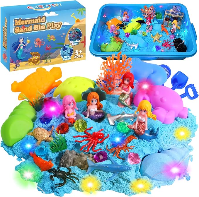 GAIETYDIY Mermaid Sensory Bin for Girl, Magic Sand Art Kit with LED Light | 2.2lbs Sensory Sand, Ocean Sea Animals, Sand Box with lid, Mermaid Toy Christmas Birthday Gift for Girls Ages 3 4 5 6 7 8 9+