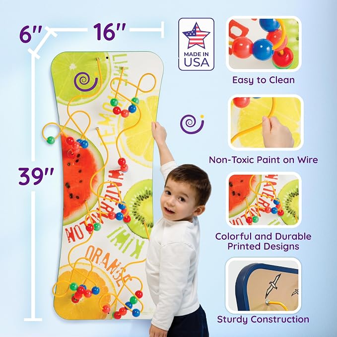 Wire & Bead Maze Activity Wall – Wall Busy Board for 24+ Months Old – Easy-to-Clean Bead Puzzle for Playrooms, Daycares, Classrooms, & Waiting Rooms – No Batteries or Loose Parts – Fruit