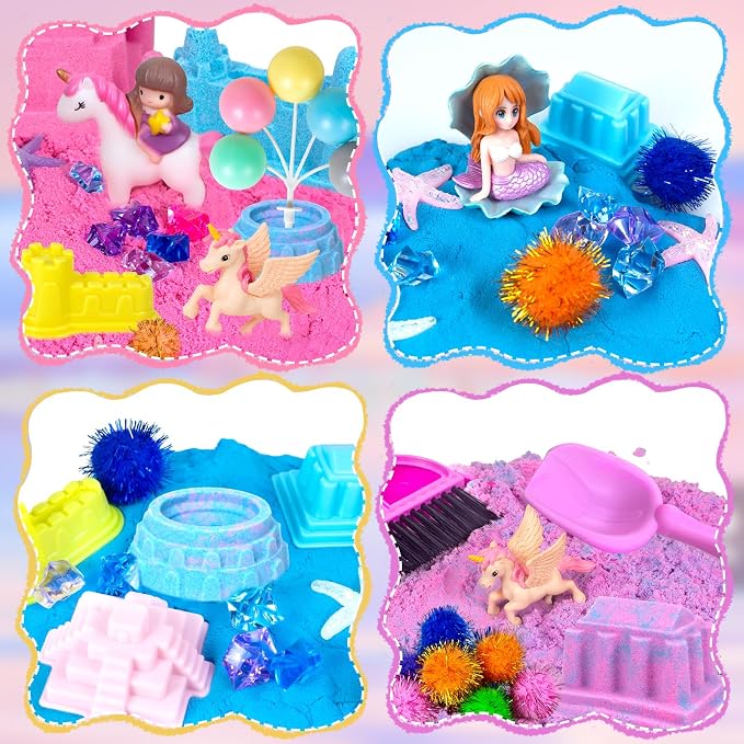 Unicorn Sensory Bins, Sensory Sandbox Toys for Girls Toddler 3 4 5 6 7 8 | Unicorn Play Sand Art Kit with Sandbox & Sand Castle Molds & Tools, Great Gift for Kids Toddlers Christmas Birthday