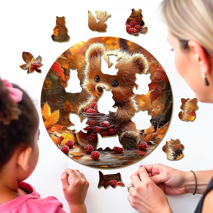 Animal Wooden Puzzles for Kids - Berry Bear | 50 Piece Puzzles for Kids Ages 4-6 - Kids Puzzle with Unique Animal Shapes - Round Puzzles for Boys and Girls (11.4 * 11.4in)