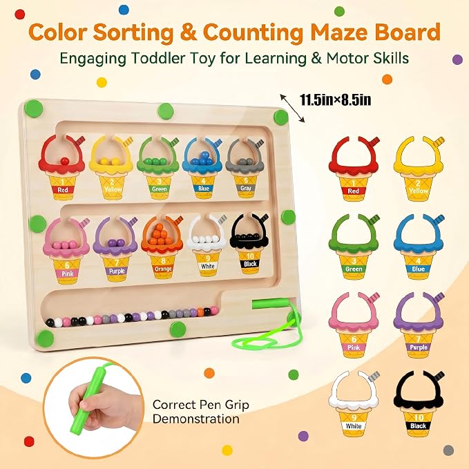 Magnetic Color & Number Maze, Montessori Wooden Puzzle Board, Educational Magnet Toy for Toddlers 2 3 4 5 Years Old, Fine Motor Skills Learning Game, Birthday for Boys Girls (ice Cream)