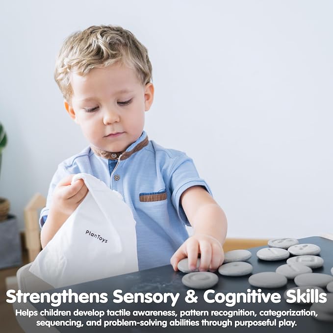 PlanToys® Tactile Stones Wooden Educational for Kids Ages 3+ Montessori Set | textured pieces, sensory toys, wooden stones, girls, boys, touch recognition memory pattern gift preschool learning cute