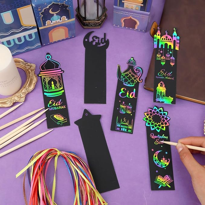 JUNEBRUSHS 30Pcs Ramadan Crafts, Rainbow Magic Ramadan Scratch Bookmarks for amadan Gifts Eid School Classroom Activities Ramadan Arts and Crafts Eid Party Favors