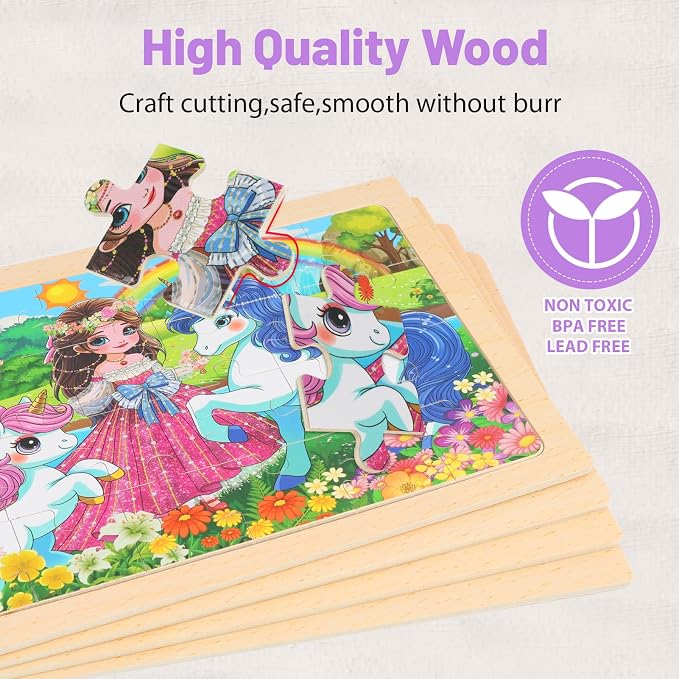 Puzzles for Kids Ages 4-6, 4-Pack 24-Piece Wooden Kids Puzzles | Unicorn, Mermaid & Princess Themes | Educational Puzzles for Kids Ages 3-5, Age-Appropriate Learning Toys, Ages 3+