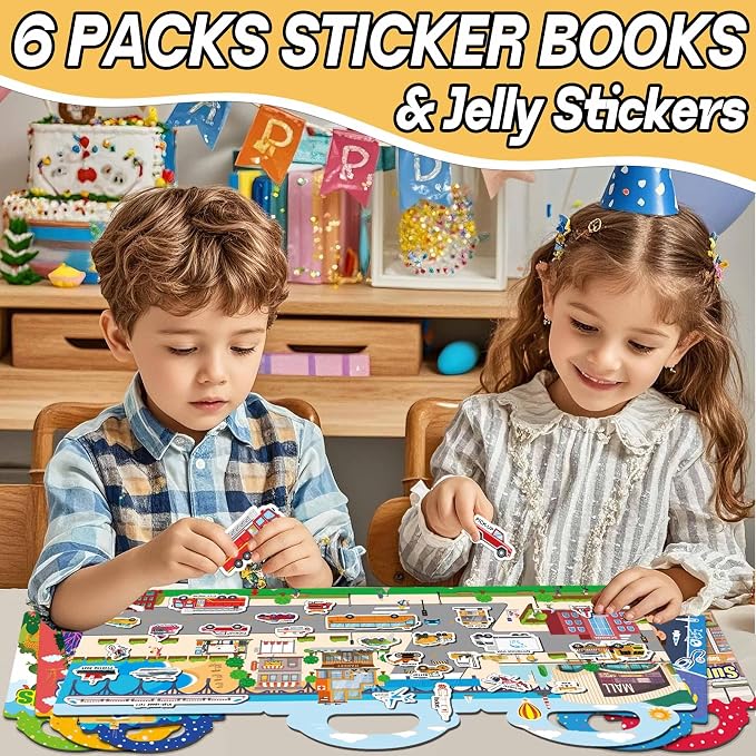 iGetooy 6 Sets Reusable Sticker Book for Toddlers 1-3, Jelly Sticker Books for Toddlers 2-4 Years, Toddler Travel Toys for Kids 2 3 4 Year Old Girls Boys