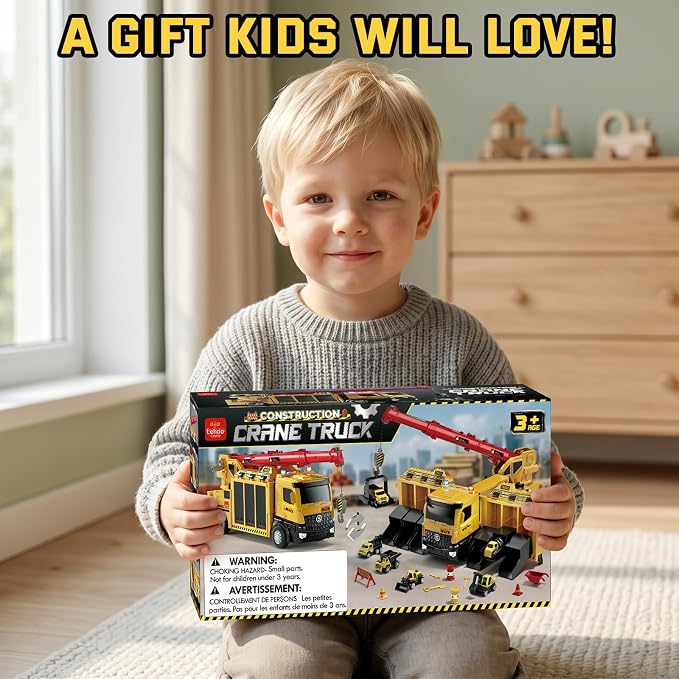 Lehoo Castle Construction Crane Truck Toys for Boys 3 4 5 Year Old | Construction Vehicles, Realistic Light & Sound, Crane Truck Toys, Birthday Gifts for Toddlers 3+