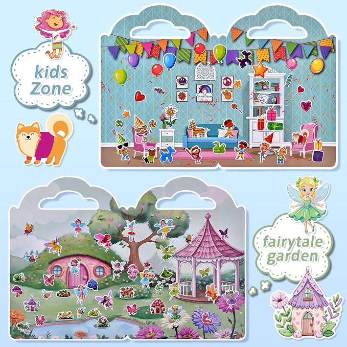 6 Set Puffy Sticker Book, Reusable Sticker Books for Toddlers | 260pcs Fairytale+Garden+Princess Party+Mermaid+Kids Zone+Girls' Shop, Travel Toys Book for Kids Ages 3+