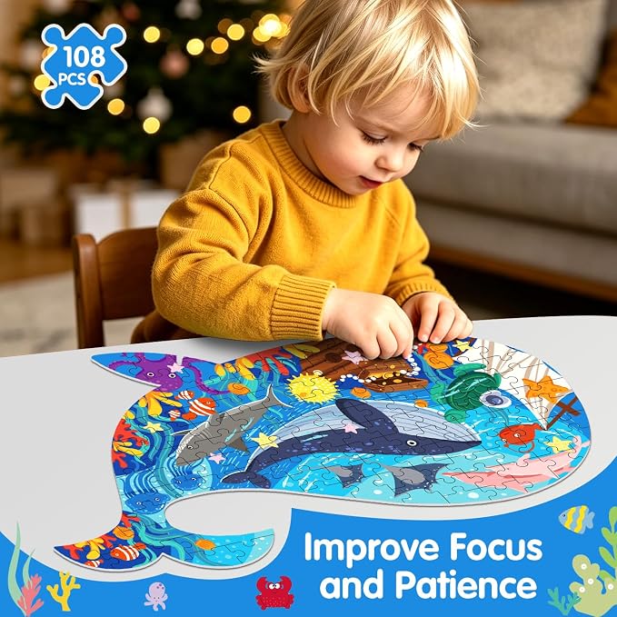 Jigsaw Puzzles for Kids Ages 4-8, 108 Pcs Whale Shaped Cardboard Puzzles | Sturdy Floor Puzzles Box and Poster for Animal Lovers, Educational Toys Gift for Boys Girls, 23.38 x 14.72 Inch