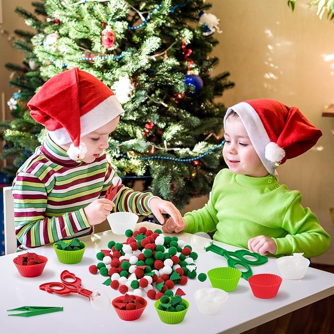 EZdhuawuse Summer Fine Motor Toys - 270Pcs Counting Sorting Sensory Bin Filler Set for Kids Xmas Counting Toy with Felt Xmas Tree Pom Poms Cup Clip for Preschool Education Activities