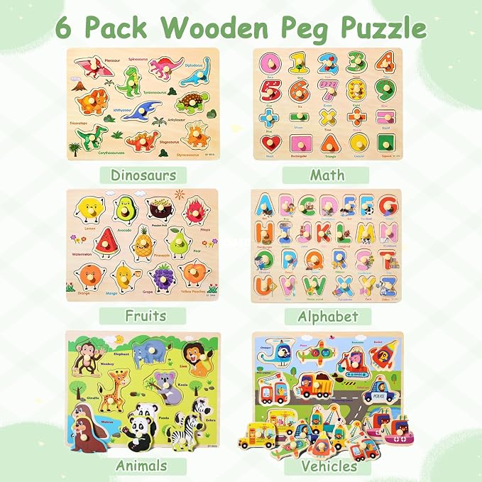 6-Pack Wooden Peg Puzzles for Toddlers and Preschoolers Ages 2-4 | Montessori-Inspired Learning Toys, Alphabet, Numbers & Math, Animals, Dinosaurs, Fruits and Vehicles