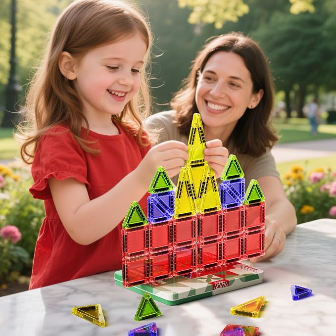 Magnetic Tiles Travel Storage Mini STEM Blocks Festive Box 26PCS 3+ | STEM magnetic building tiles with festive travel box. Great for road trips, airplanes, Montessori play & on-the-go fun