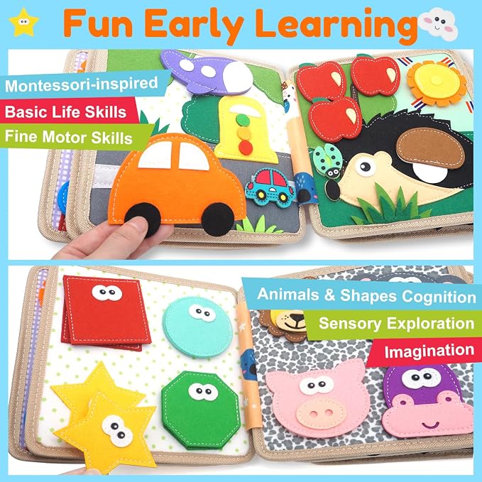 Busy Book for Toddlers 1-3, Felt Animals Busy Board for 1 Year Old | Montessori Toys, Peekaboo Quiet Book, Airplane Travel Toys, Educational Learning Activity, Birthday Gifts for Boys & Girls
