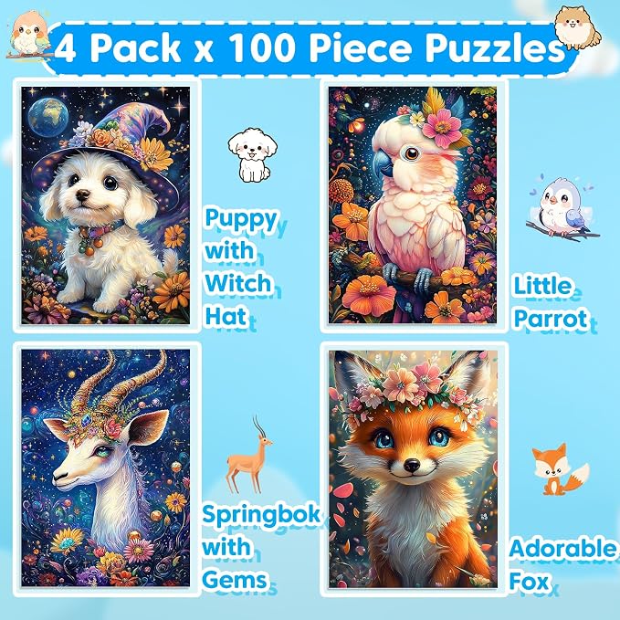 4 Packs 100 Piece Puzzles for Kids Ages 4-6, Jigsaw Puzzles for Kids Ages 6-8 8-10 Adorable Animals Puzzles 100 Pieces for Senior Search and Find Learning Educational Toys for Boys and Girls