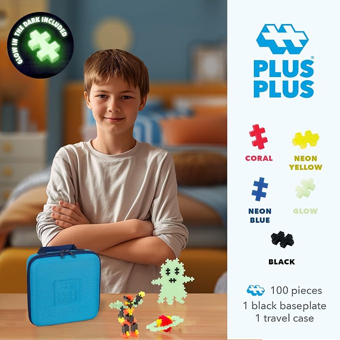 PLUS PLUS Travel Case, 100 Piece Glow Mix - Mini Waffle Blocks for Kids | Stem Toys, Airplane Travel Essentials for Kids, Classroom Must Haves, Gifts for Boys & Girls, Sensory Bin Filler