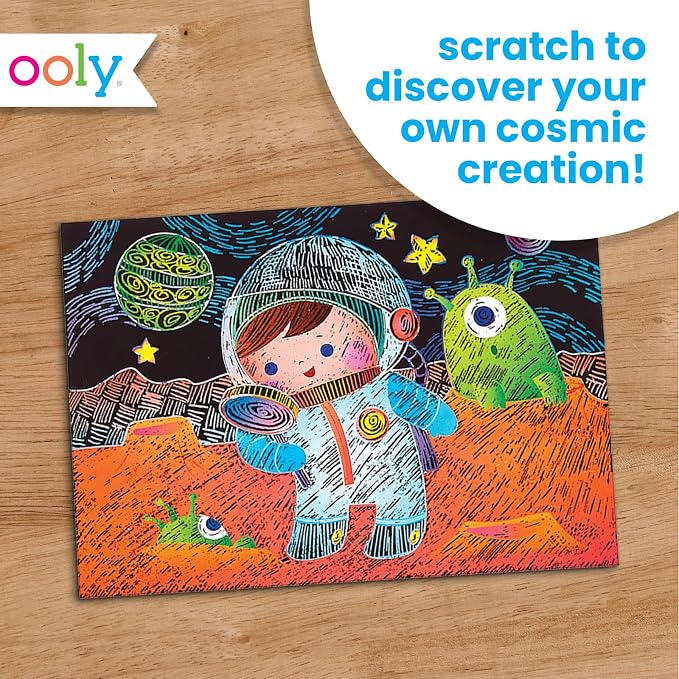 Ooly Scratch & Scribble Art Kit, 8 Cards, Sticker Sheet – Space Explorers | Ages 6+, Wooden Stylus and Stickers Included, Screen-Free Portable Car and Airplane Travel Activity, Gift for Kids