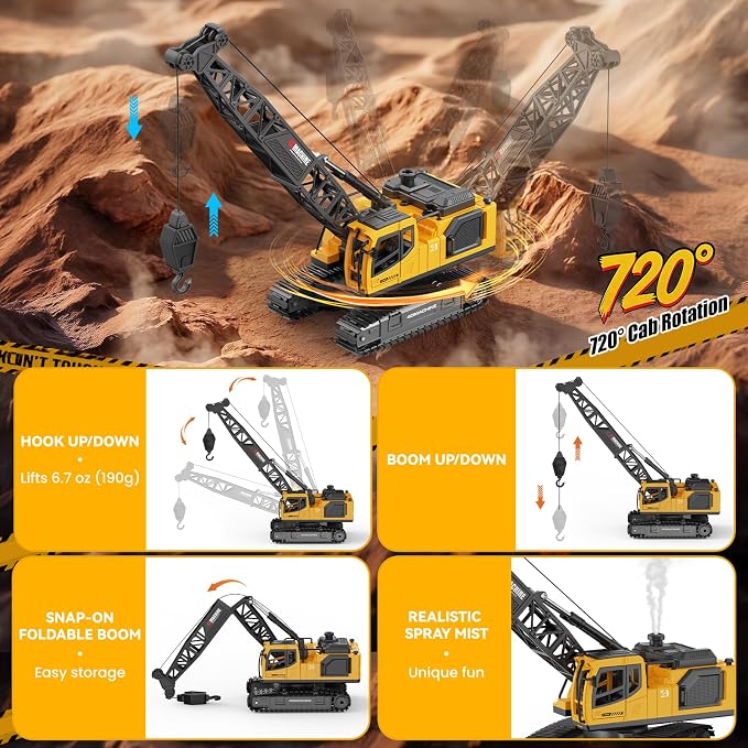 Remote Control Crane Toy for Boys, 2.4GHz RC Crawler Crane with Metal Hook & 2x1200mAh Batteries, 1:18 12-Ch RC Construction Vehicle with Lights, Sound,Spray, Birthday Gift for Kids Ages 3-12