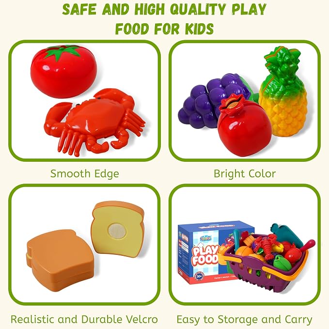 Play Food Sets for Kids Kitchen - Learning Toy Color Sorting | Cutting Toy Food - Safe ABS Materials, Play Food for Toddlers 1-3, Great Gifts for 3-8 Years Old Boys & Girls