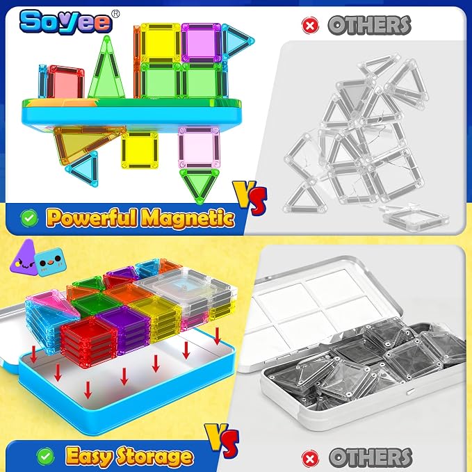 Soyee Mini Travel Magnetic Tiles 60PCS with Metal Tin Case Toddler Kids Toys Travel Essentials, Toddler Travel Toys Portable STEM Building Blocks Compatibility with Regular Size Magnetic Tiles