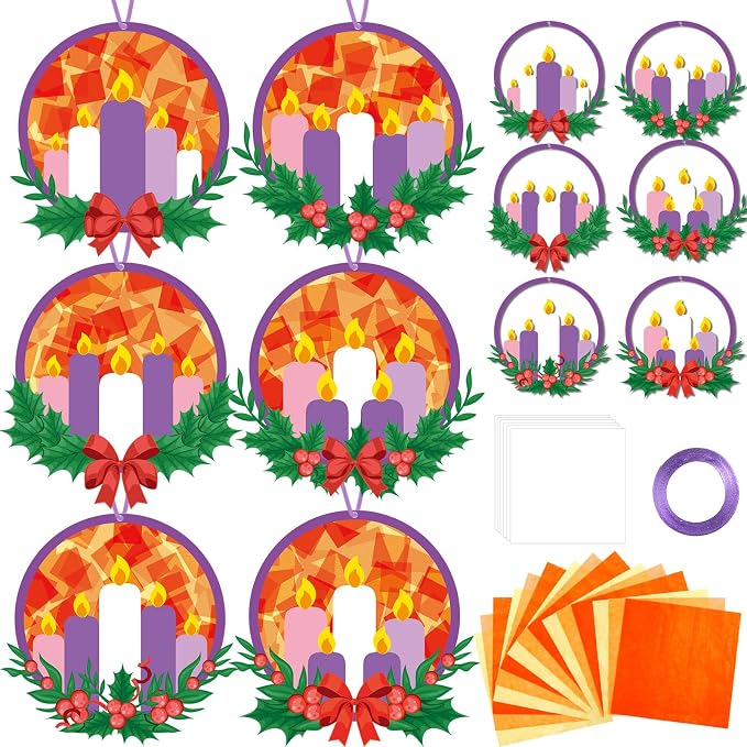 Qyeahkj 36 Set Christmas Advent Wreath Suncatchers Crafts for DIY Advent Candle Tissue Paper Craft Kit Hanging Decor for Xmas Holiday Home Activity Art Project Birthday Party Favor Gift