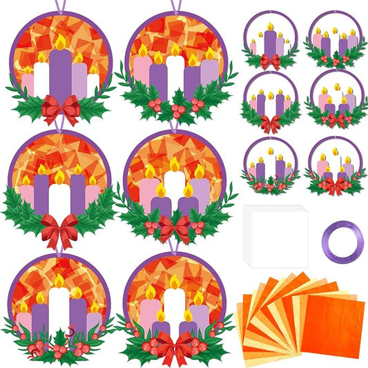 Qyeahkj 36 Set Christmas Advent Wreath Suncatchers Crafts for DIY Advent Candle Tissue Paper Craft Kit Hanging Decor for Xmas Holiday Home Activity Art Project Birthday Party Favor Gift