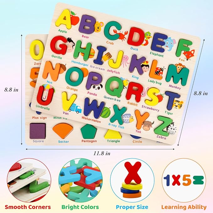 Attmu Alphabet Wooden Puzzles for Toddlers 2 Pcs ABC Shape Number Puzzle | Learning Toys for Kids, Preschool Educational Activities Toddler Gift Toys for Girls Boys Christmas Valentines Easter
