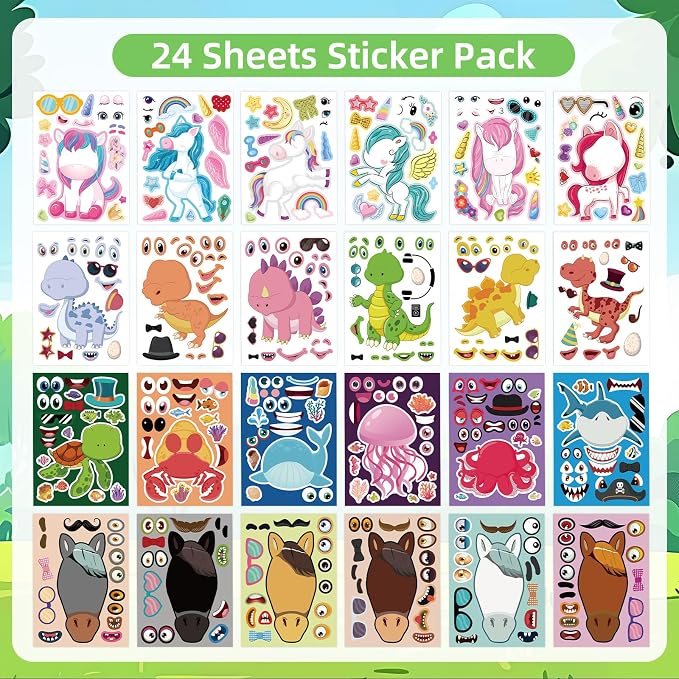 24 Sheets Make a Face Stickers for Kids Toddlers Party Favors Crafts | Make Your Own Animal Stickers with Unicorns Dinosaur Horse Sea Animals, Kids Activities Goodie Bags Stuffers, 8.3 x 5.9 Inch
