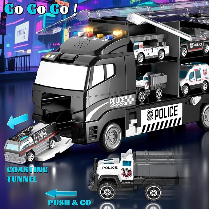 Toddler Boy Police Car Toy Set with Light & Sound,Die-Cast Toy Car,Play Mat | Police Car Toy Trucks for Boys Age 4-7,Birthday & Christmas Gift for Boys & Girl,Friction Powered Truck Toy for Kids Ages 4-8