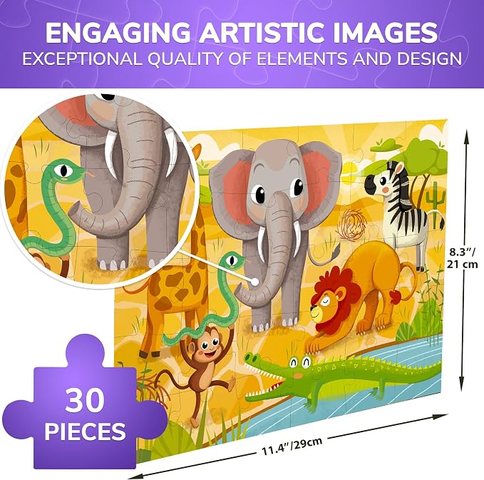 QUOKKA Puzzles for Kids Ages 3-5 - 30 Pieces Puzzles for Toddlers 2-4 - Africa Animals Learning Jigsaw Puzzles for Kids 4-6 Years Old - Educational Toys for Boy and Girl